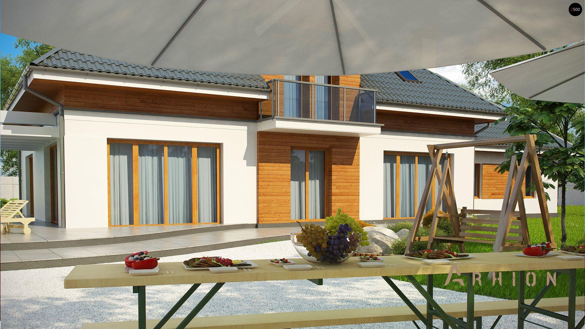 4. Проект одноэтажного дома в альпийском стиле с четырехскатной, Z50 A, площадью - 343 кв c мансардой, терассой, балконом, гаражом